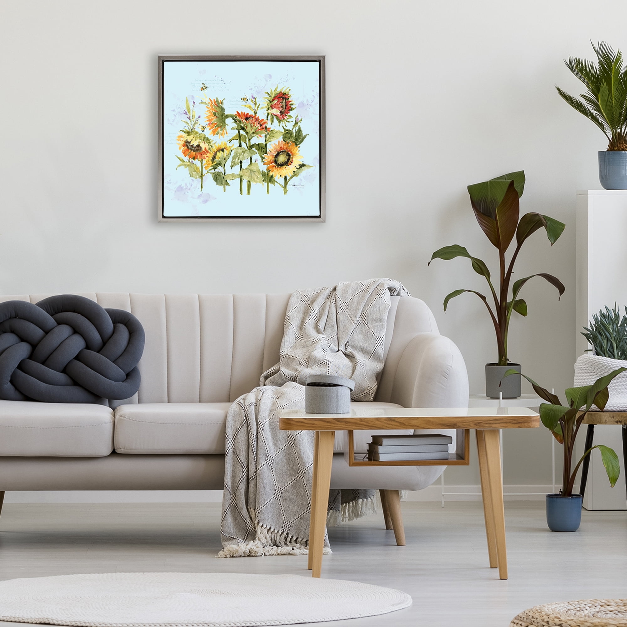 Stupell Industries Sunflowers & Bee on Blue Gray Framed Floater Canvas Wall Art, design by Susan Winget