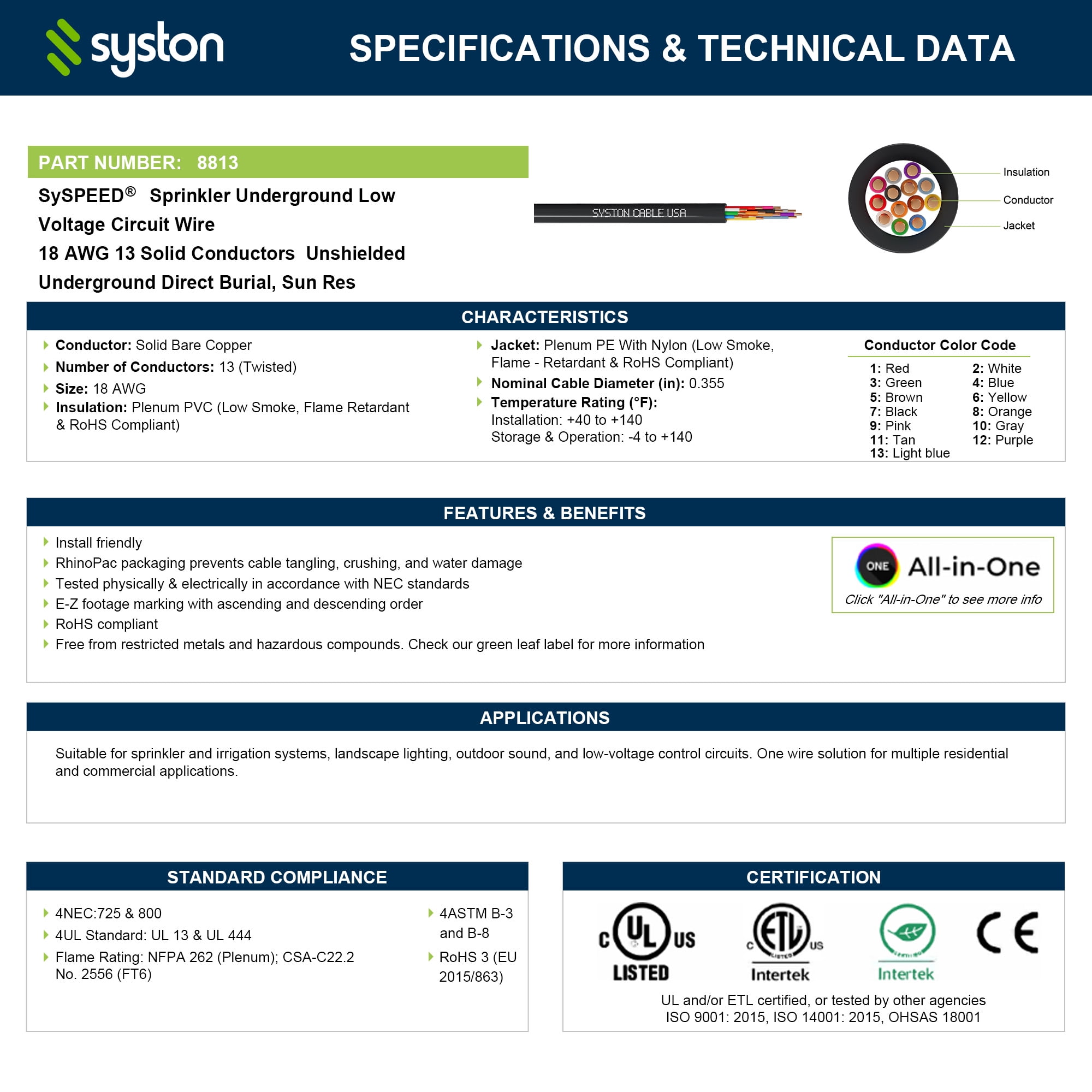 SYSTON 18/13 Solid Copper Sprinkler Wire, 18 Gauge 13 Conductors Irrigation Wire, Direct Burial UV Water Resistant PE Jacket for Underground Irrigation Systems, Field Central Control System