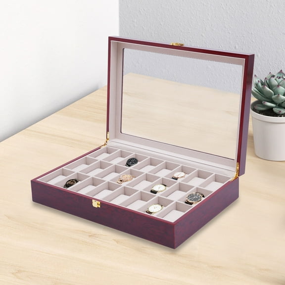 DENEST 24 Slot Ebony Wood Watch Box Display Case Glass Top Jewelry Storage Organizer
