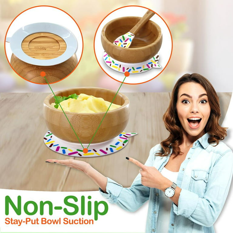 Baby Bamboo Suction Plate, Bowl and Spoon set - Wooden Feeding Set for  Toddler 1-3 Year Old - Silicone Suction Sticks to Most High Chairs for Non  Slip