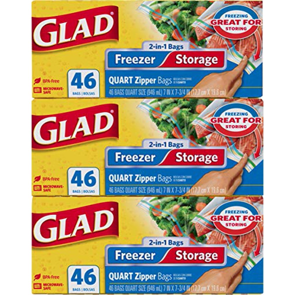 Glad Food Storage and Freezer 2 in 1 Zipper Bags Quart Size 46