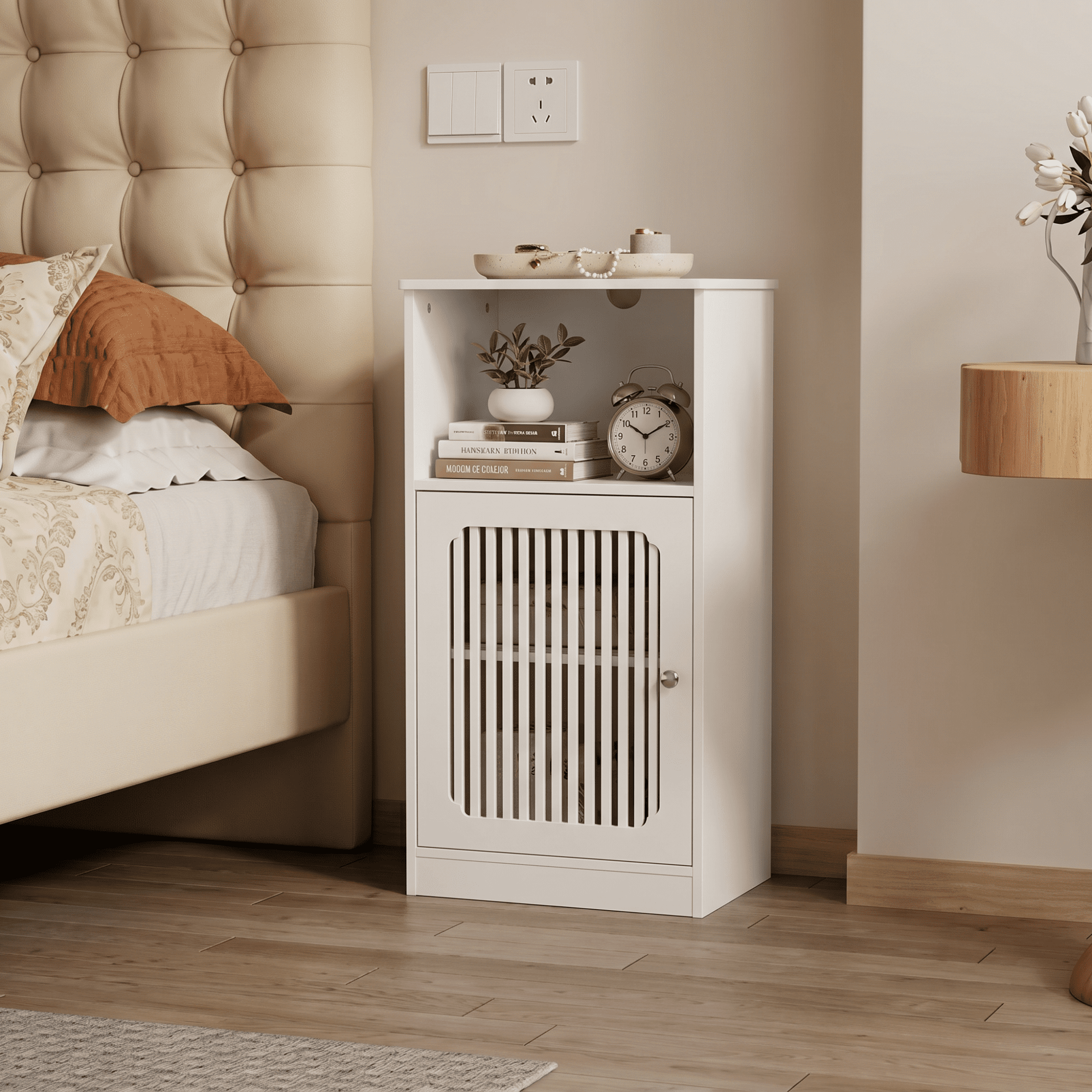 Leumius Bathroom Low Cabinet, Louvered Door Floor-Standing Bathroom Storage Cabinet, Multi-Layer Bathroom Storage Cabinet, White