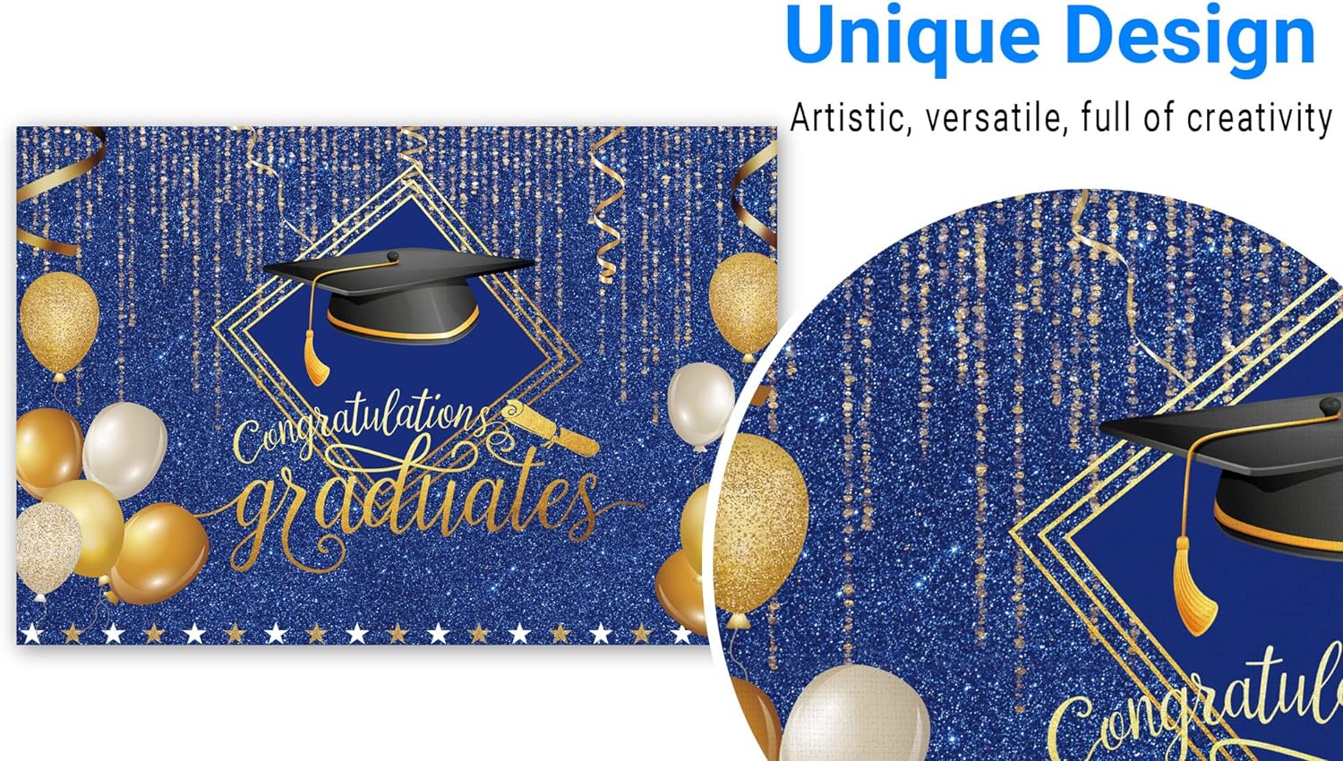 60.2*78.7IN 2025 Class Graduation Backdrop for Photography Gold and Blue Bachelor Cap Balloon Grad Congrats Party Banner Background for Picture Photo Photobooth Decoration