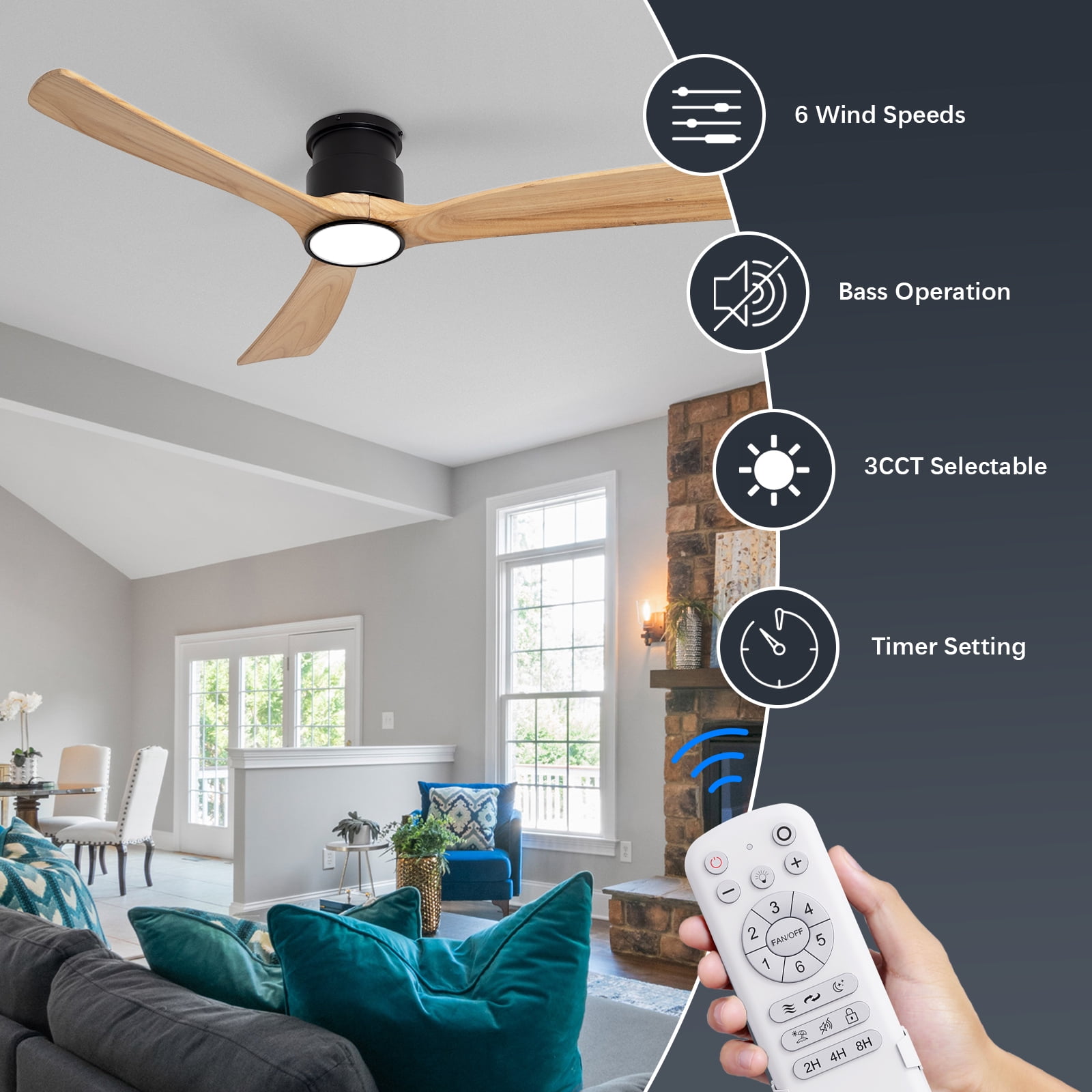 Wozzio 52'' Natural Log Recessed Mount Ceiling Fan Light with Lighting And Remote Control, Log Colour Wooden Fan Blade, Silent Reversible DC Motor, Light Memory, 6 Speed