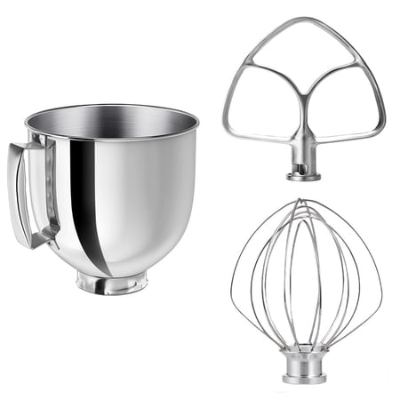 5QT Stainless Steel 3-Piece Bowl Set: Handle Bowl, Flat Beater & 6-Wire Whisk for KitchenAid Tilt-Head