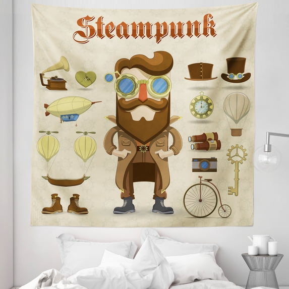 Steampunk Tapestry, Cartoon Style Male Character and Vintage Mechanical Elements Hipster Gentleman, Fabric Wall Hanging Decor for Bedroom Living Room Dorm, 5 Sizes, Multicolor, by Ambesonne