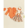 thumbnail image 2 of Suealasg Baby Girls Thanksgiving Clothes Long Sleeve Romper and Pumpkin Print Turkey Suspender Skirt Headband 3 6 12 18 Months Infant Girls Thanksgiving 3Pcs Outfit, 2 of 8