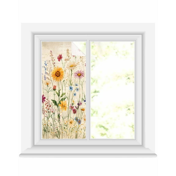 Window Privacy Film Botanical Floral Stained Glass Window Film Decorative Sun Block Window Cover Retro Purple Pink Yellow Wildflowers Window Clings Static Adhesive Sticker for Bathroom 17.7"x39.3"