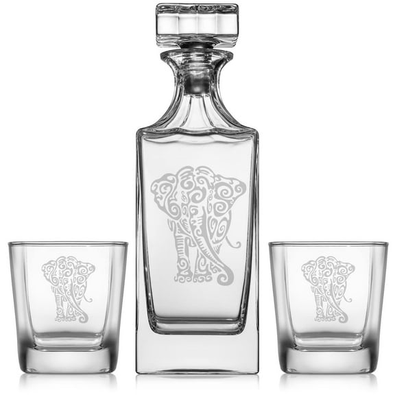 Whiskey Decanter Gift Set With 2 Whiskey Old Fashioned Rocks Glasses Tribal Elephant