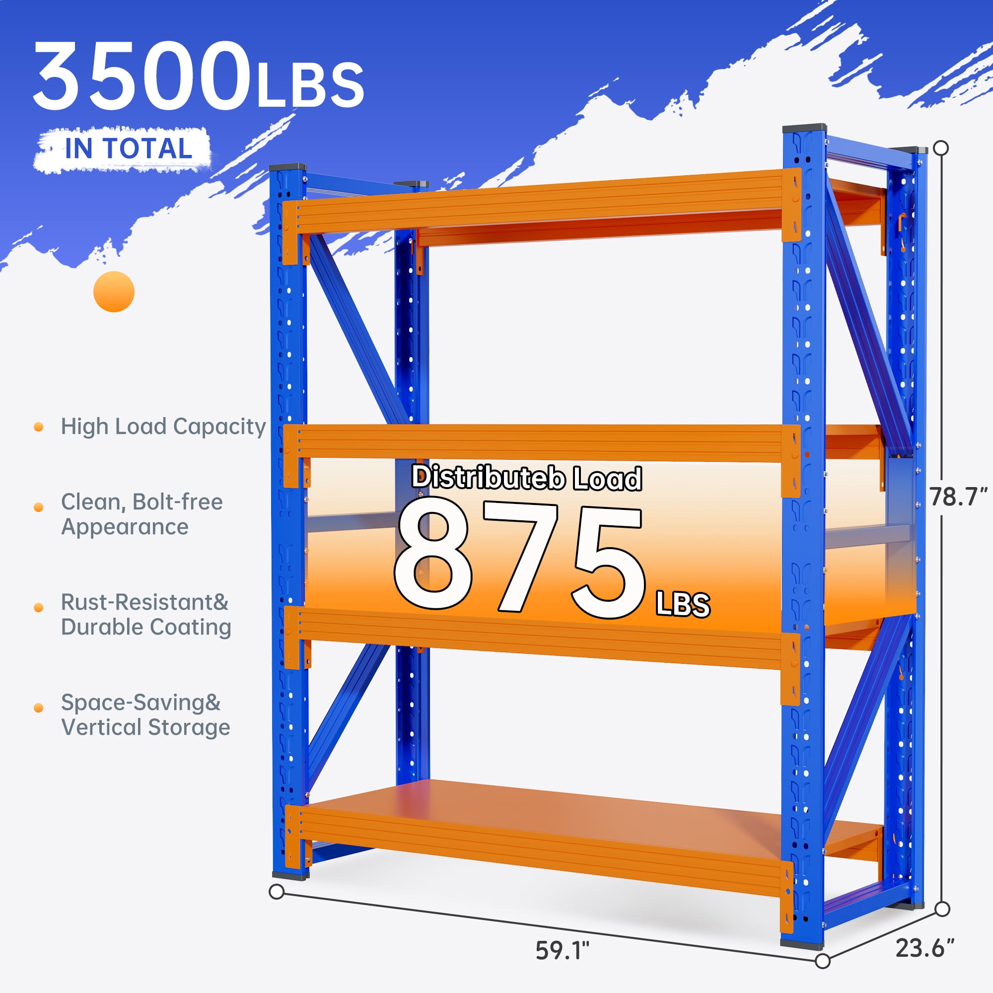 Welfiya 59"Wide Garage Shelving Unit,3500LBS Heavy Duty Storage Shelves,4-Tier Metal Industrial Shelving,Adjustable Standing Shelf for Warehouse,Basement,Workshop,59.1"W x 23.6"D x 78.7"H,Blue&Orange