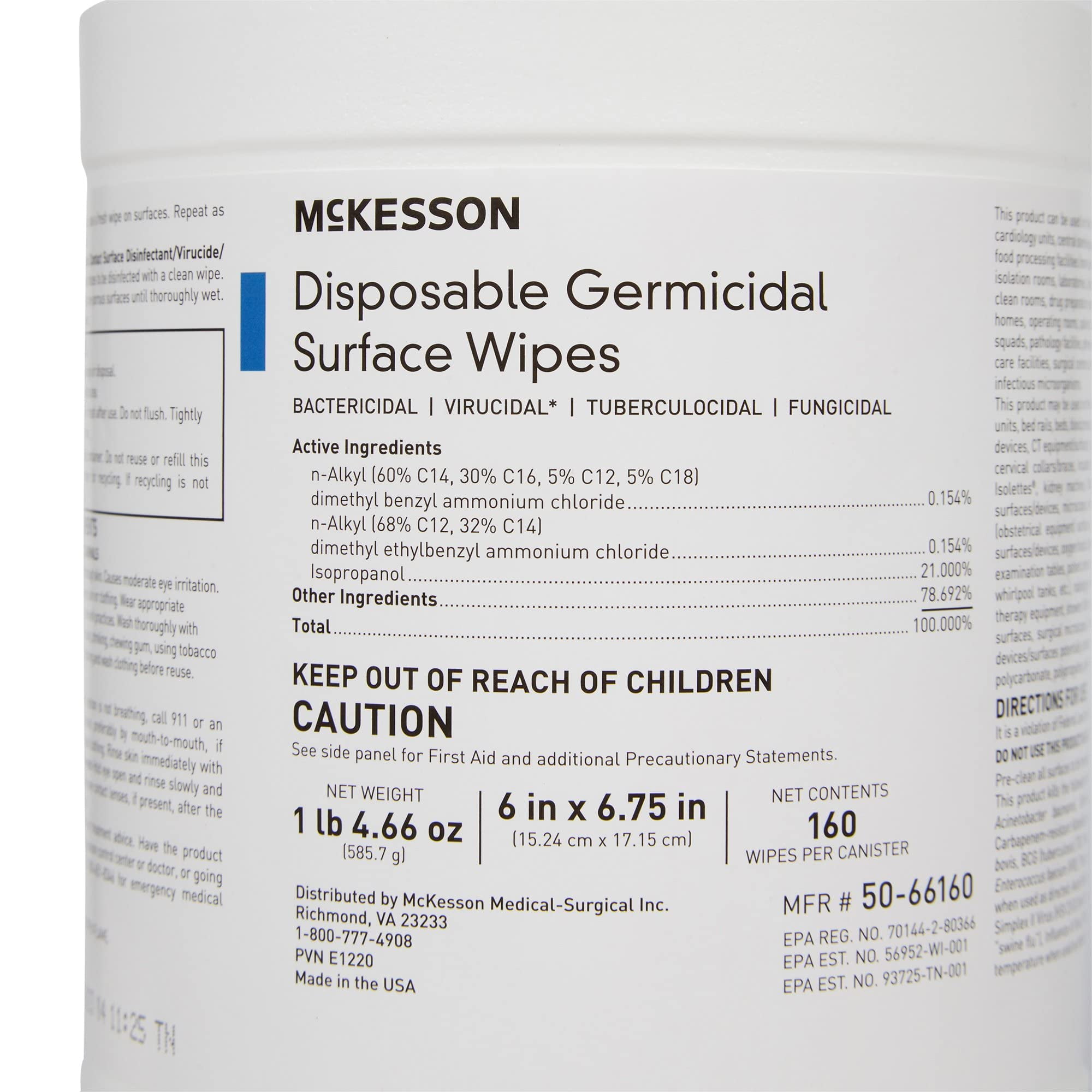 McKesson Germicidal Surface Wipes, Pre-Moistened Alcohol Cleaning Wipes for Hard Surfaces, Non-Woven Cloth - 6 in x 6 3/4 in, 160 Wipes, 1 Pack