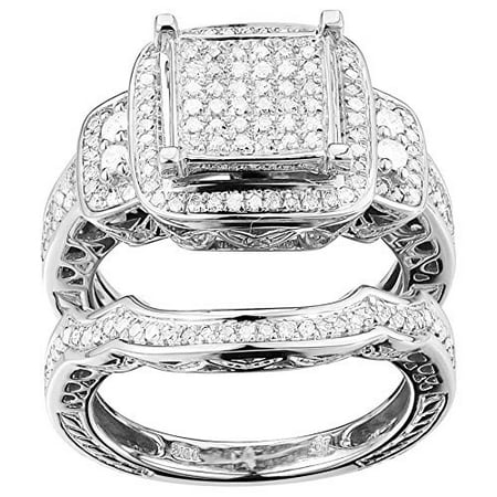 TGDJ 10K White Gold Diamond Ring Set - 0.67 Ct Natural Diamond Wedding/Engagement Band - Excellent Cut Cluster Style - High Polish Finish with Pave Setting - Fine Jewelry for (Best Diamond Ring Settings)