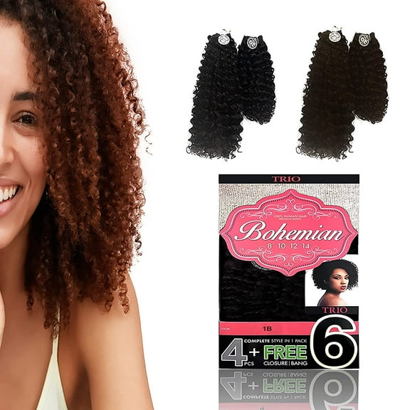 Trio Hair Extensions Real Human Hair, Extension Clips, Ponytail Extension, & Buns Hair Piece, Hair Wig, Premium Human Hair Quality, Bohemian, 8, 10, 12 &14 Inches, Color: 1B