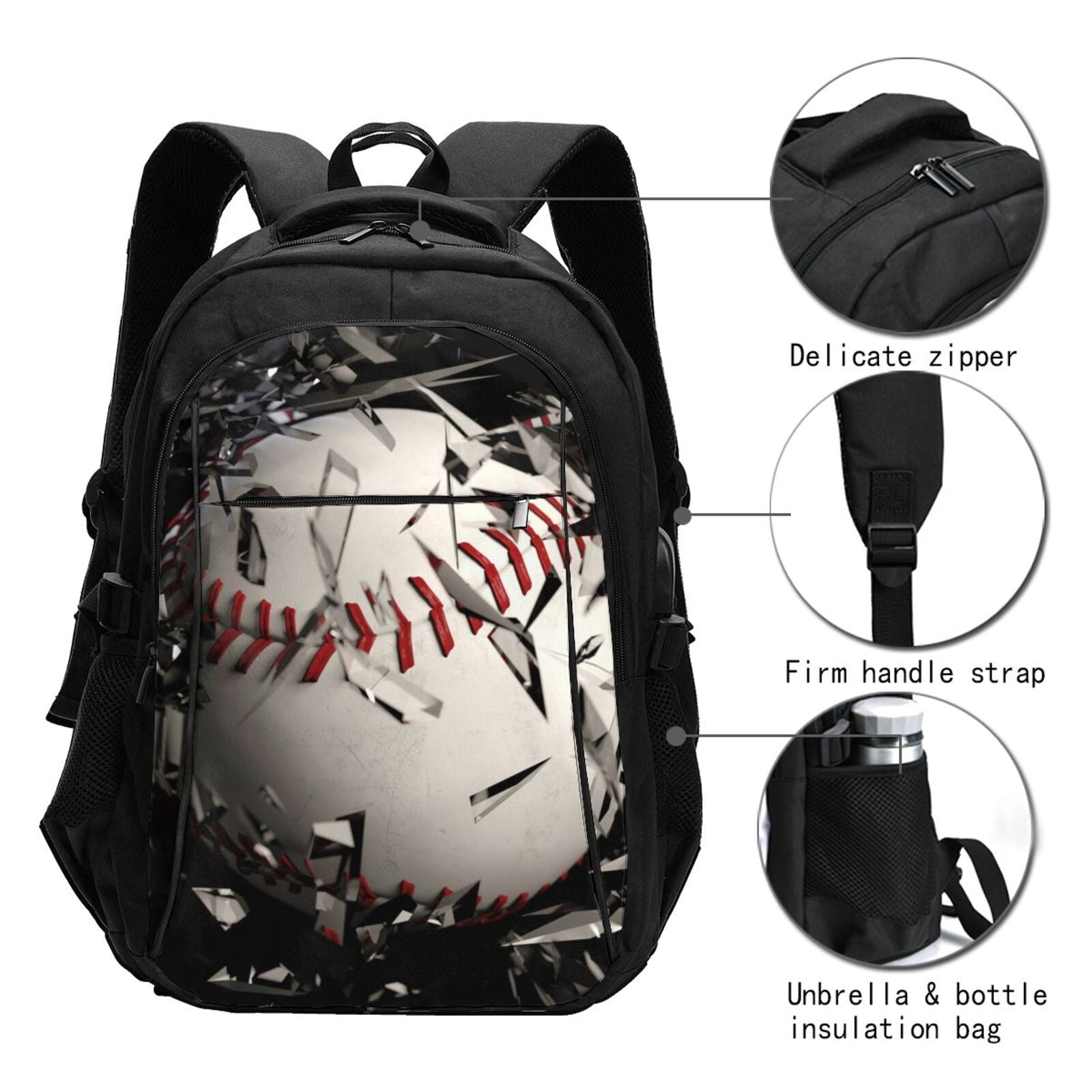 Hirioo Baseball Breaking Glass for Travel Laptop Backpack with USB Charging Port for Men and Women