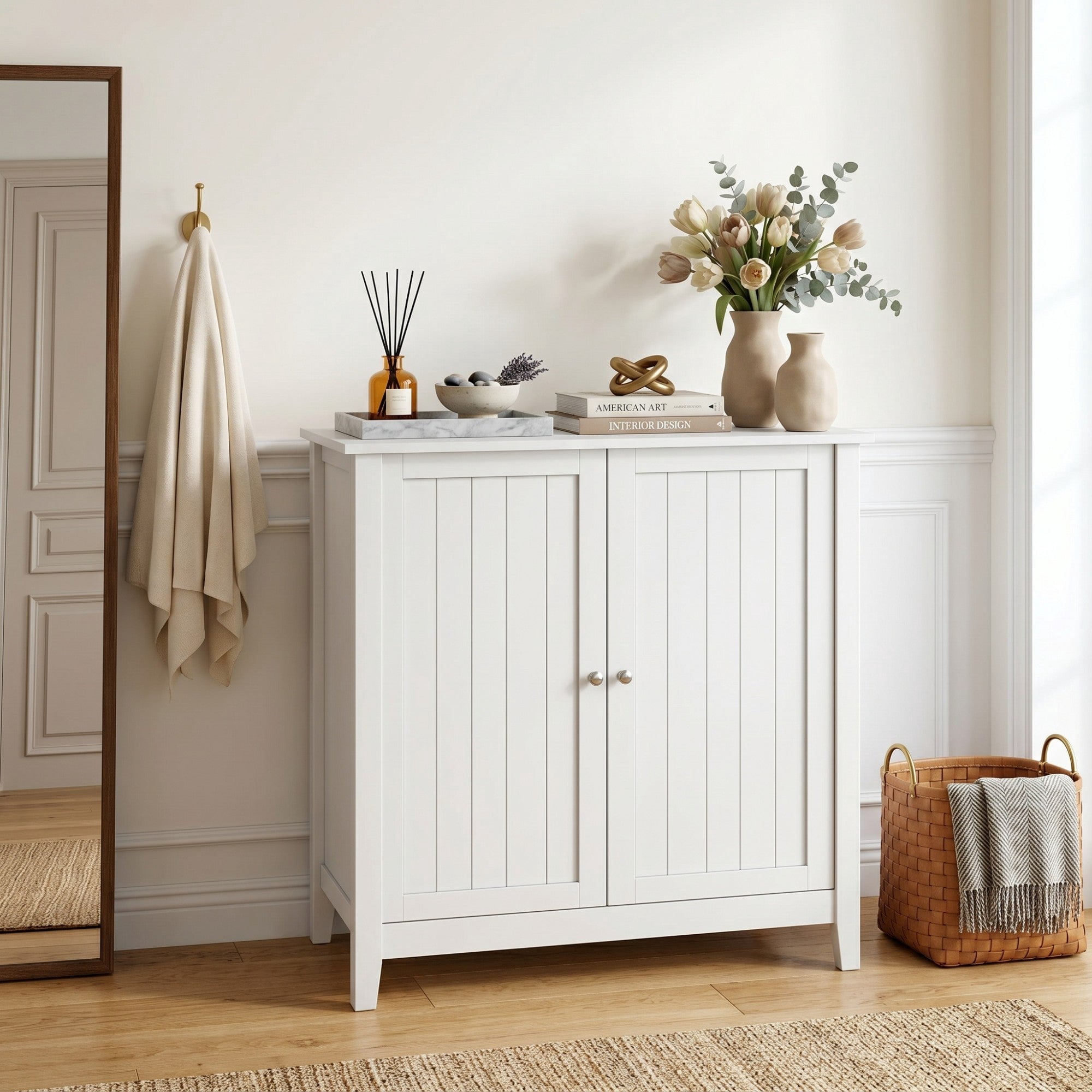 Sailvan White Double Door Storage Cabinet, Mid-Century Modern Freestanding Buffet with Silver Knobs