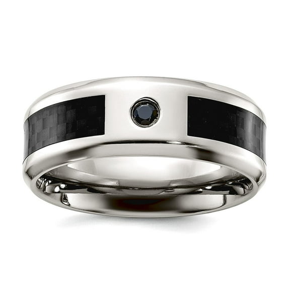 Titanium Polished With Black Carbon Fiber Inlay and Cubic Zirconia 8mm Band Size 7 Ring for Women and Men