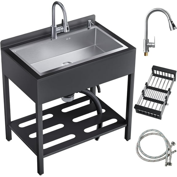 Esheno Stainless Steel Freestanding Utility Sink Cold Hot Faucet Hoses Drain Kit For Backyard Bathroom Sliver 41.7in
