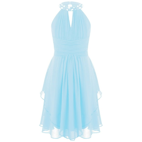iiniim Kids Flower Girls Ruched Chiffon Junior Bridesmaid Dress Halter Neck Beaded Wedding Party 6-16