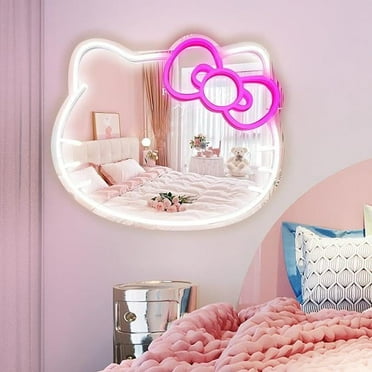 Kitty face Home Decor Mirror ,Anime Neon Sign for Dresser, Locker Room,Living Room, Neon Light up Acrylic Mirror with Dimmable Interior Led Pastel