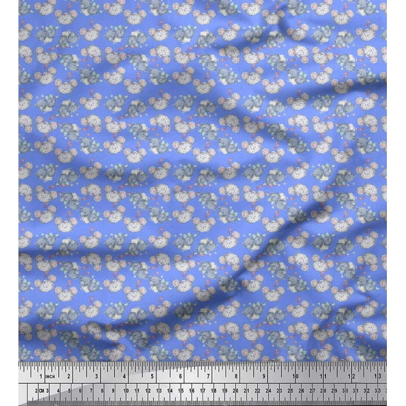 Soimoi Blue Poly Georgette Fabric Heart & Teddy Bear Face Print Fabric by the Yard 52 Inch Wide