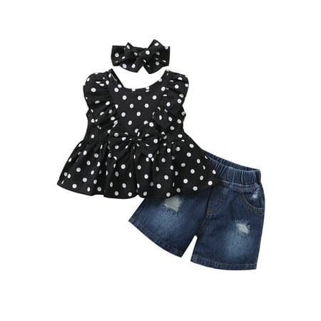 

KIMI BEAR Toddler Girls Outfits 3T Toddler Girl Spring Summer Outfits 4T Toddler Girl Classic Polka Dot Prints Peplum Sleeveless Casmisole + Ripped Denim Shorts + Headband 3PCS Set Black