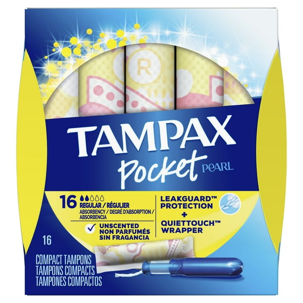 Tampax Pocket Pearl Tampons, Unscented, Regular Absorbency, 16 ct
