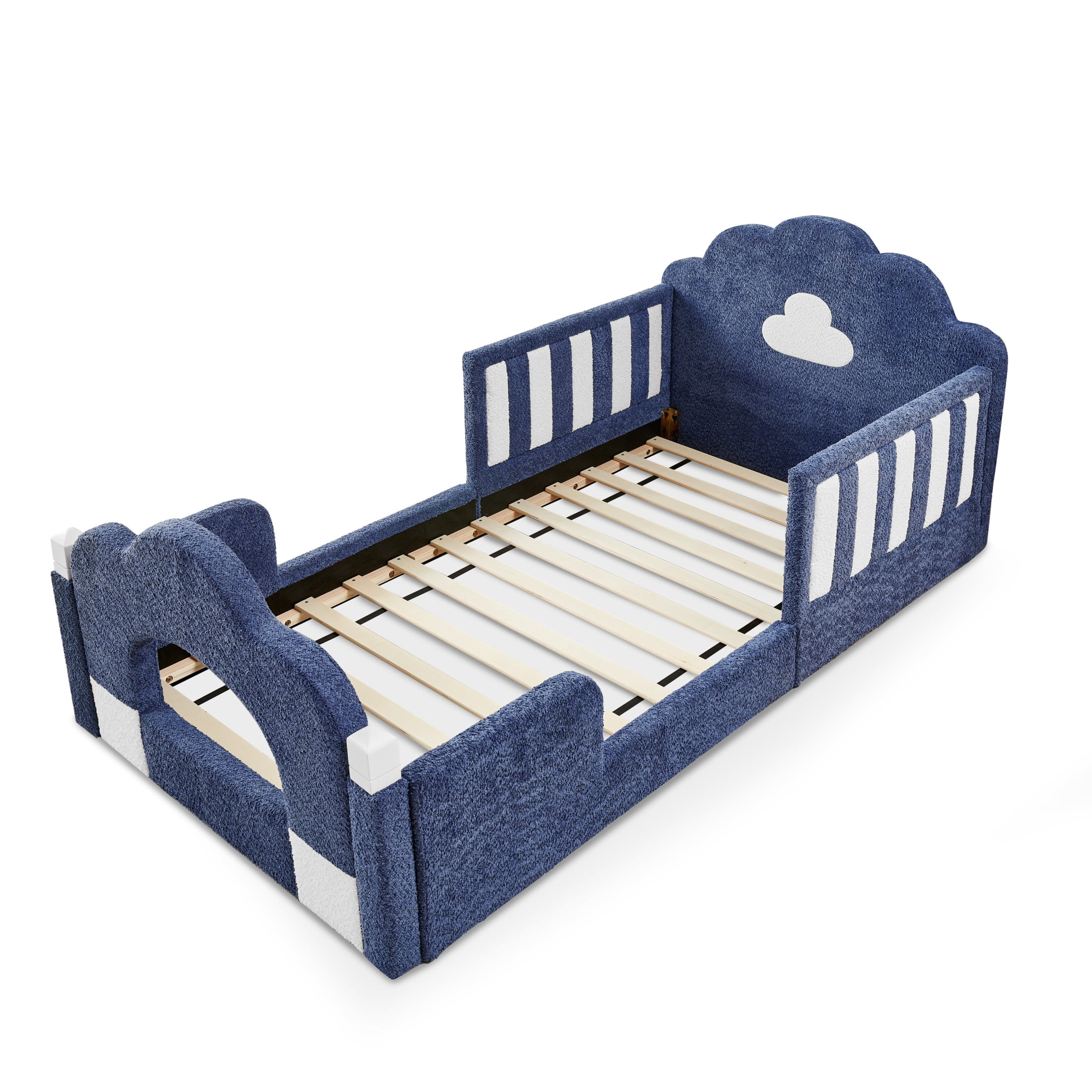 GDF Studio Arvion Twin Size Cloud Bed with Safety Guardrails & Solid Wood Frame, Boucle Fabric Upholstered Bed, Navy