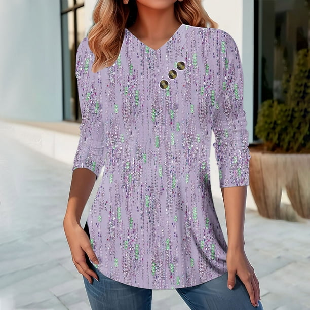 zanvin Womens Tops Button Long Sleeve Shirts Oversized Tshirts Cute Blouses  Dressy Casual Basic Tees Loose Fit Tunic,Clearance Sale,Purple,L