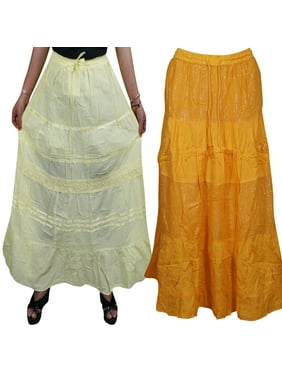 Mogul 2 Pc Women'sCotton Maxi Skirt Elastic Waist Solid Casual Gypsy Long Skirts