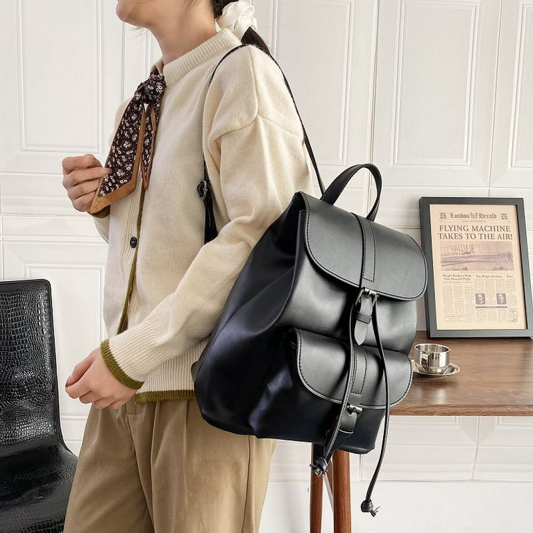 CoCopeaunts Retro Fashion Woman Backpack Pu Leather String Big Backpack Bags for Teenagers Girls Simple New Designer Hand Shoulder Bags Walmart