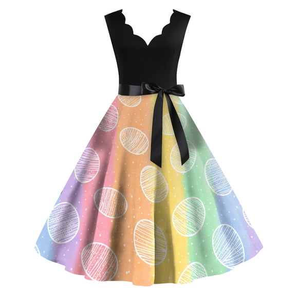 LWavelet Women's Sleeveless Scalloped Neck Fit-and-Flare Dress, Ombre Easter Egg Print with Satin Bow Belt for Holiday & Party Outfits Yellow L