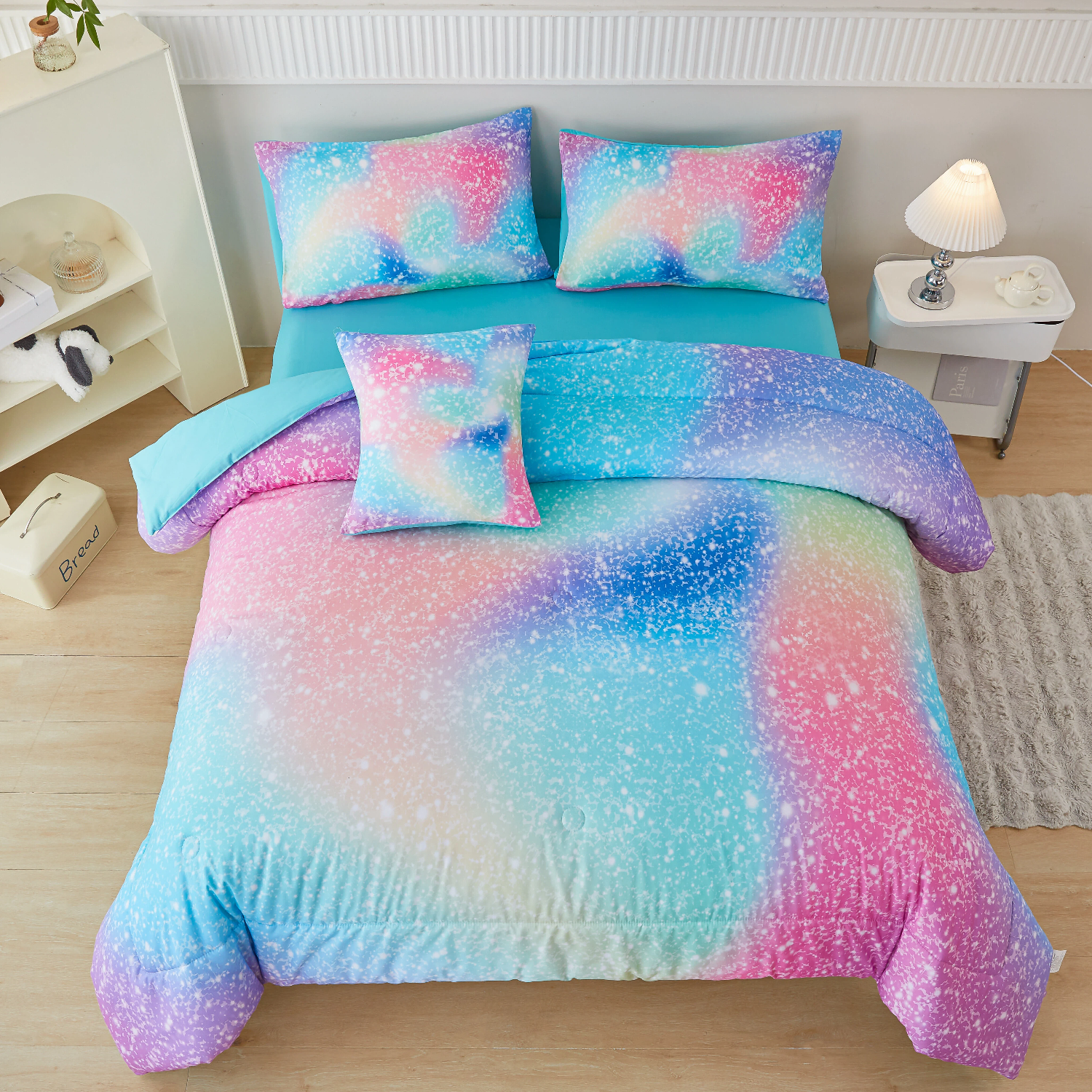 PERFEMET Kids Twin Comforter Set 6-Piece Rainbow  Bedding Set for Girls Teal Pink Galaxy Glitter Star Bed in a Bag for All Season(Rainbow,Twin)