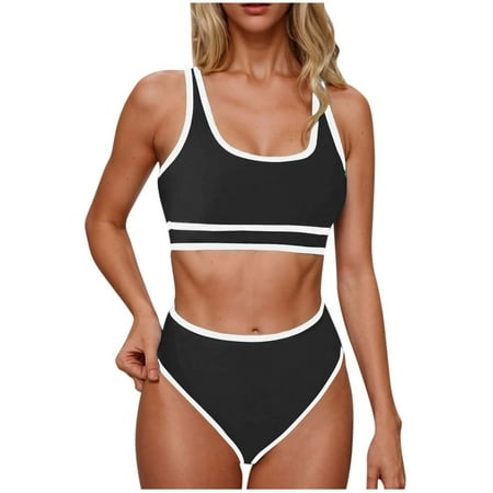 Atogsazn Women s High Waisted Bikini Sets Sporty Two Piece Swimsuits Color Block Cheeky High Cut Bathing Suits 01-Black L on Clearance