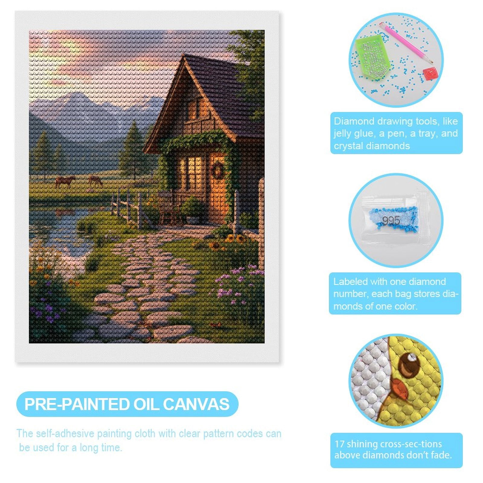 Diamond Art Kits for Adults, Mountain Cabin Pathway Horses Pond 5D Diamond Painting Kits for Adults Beginners, DIY Full Drill Diamond Painting, Gem Art and Crafts 12x16