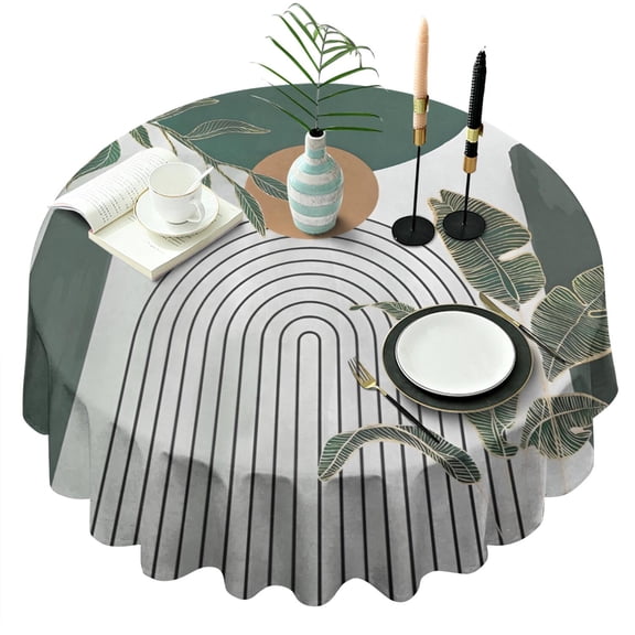 Green Boho Geometric and Plant Pattern (4) Round Tablecloth 60"x60",Wrinkle Wipeable Table Cloth for Kitchen Dining Room Picnic Patio Party