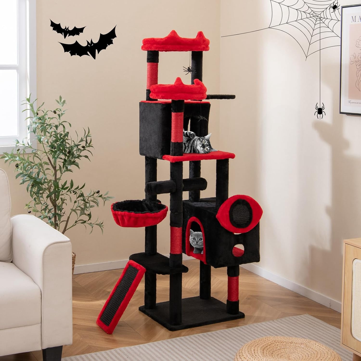 YounGG Gothic Cat Tree, Large Spooky Cat Tower with Sisal Scratching Posts & Ramp, 2 Cat Condos, 2 Devil Ear-Shaped Perches, Spider Toys, Bat-Shaped Platform, Basket Bed, Goth Cat Tree, Black & Red