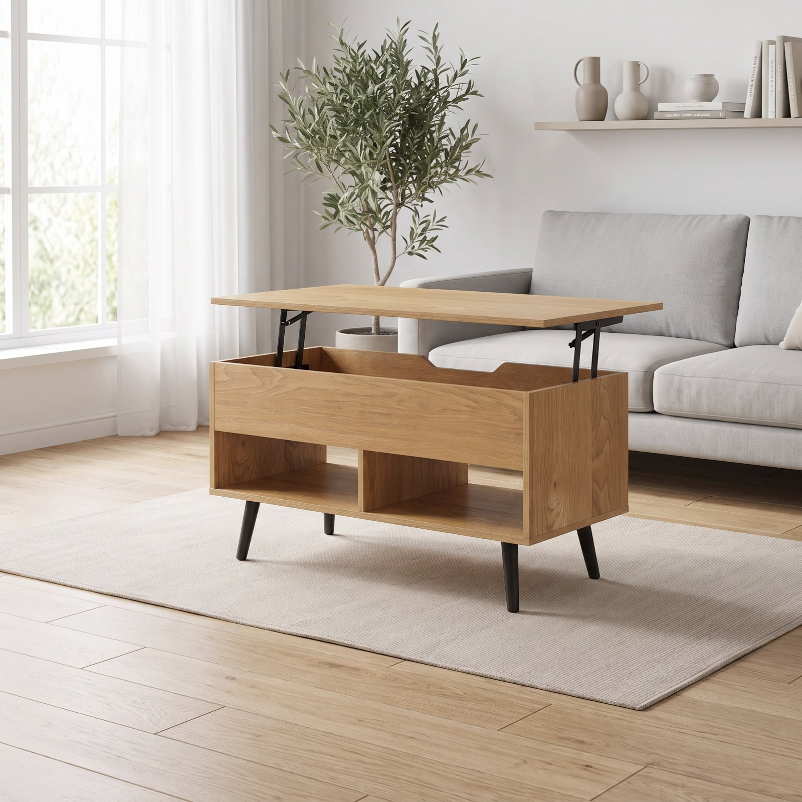 Furnibear 31.5 Inch Lift Top Coffee Table with Hidden Storage Compartment and 2 Open Shelves a Modern Living Room Center Table, Natural