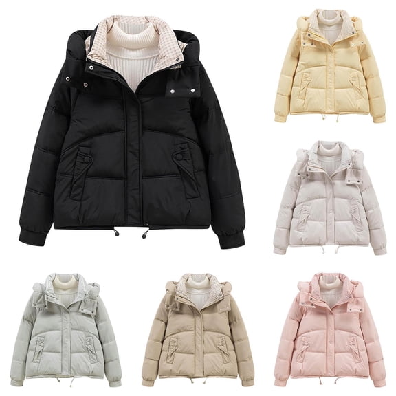 Women's Cold Weather Plus Size Puffer Jacket Casual Colored Long-Sleeved Hooded Jacket Packable Puffer Jacket(Black M)