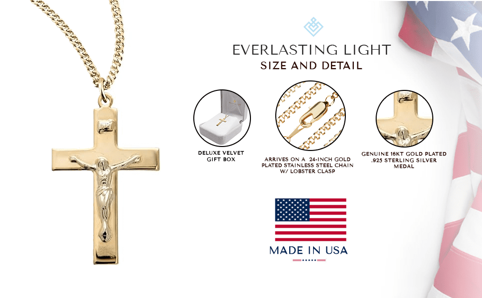 16kt Plated Sterling Silver Angle Edged Cross Pendant Necklace, 24" Gold Plated Stainless Steel Chain - Made in USA - Deluxe Velvet Gift Box