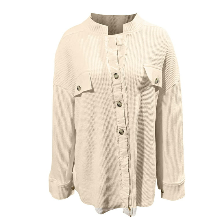 Sksloeg Womens Shacket Waffle Knit Brushed Plaid Shirts Long Sleeve Flannel  Lapel Button Down Cardigan Boyfriend Shacket Jacket Coats,Green XXL 