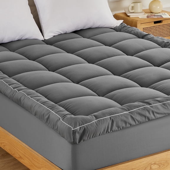 Sonive Ultra Thick Mattress Topper, Pillow-Top Fluffy Soft Breathable, Box Quilted Pad with Premium 1000gsm Alternative Filling, Noiseless & Hotel Quality (Grey Queen)