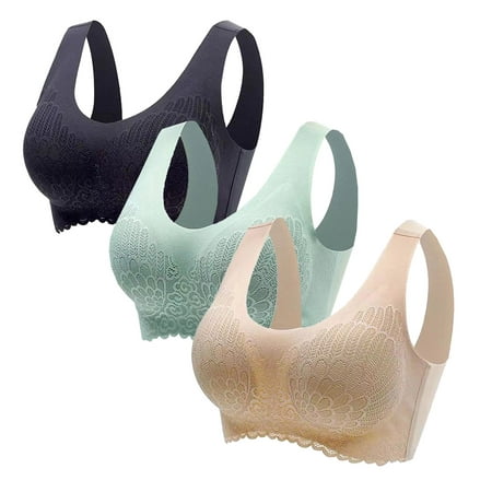 

AnuirheiH 3 Pack Sports Bras for Women High Support Seamless Wireless Breathable Non-Marking Lace Hem Yoga Bras Beautiful Back Lace Mesh Bras