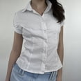 thumbnail image 2 of BUYISI Basic Simple Womens Lapel Stripes Short sleeves Shirt All-match Casual tops White M, 2 of 9