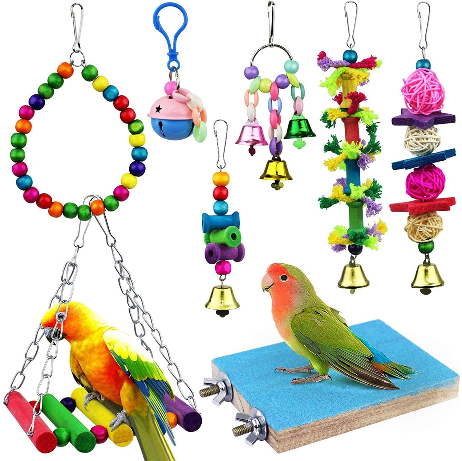 Bird Perch Cage Accessories Hanging Swing Hammock Chewing Toys for Parakeets Cockatiels Colorful VavoPaw Bird Parrot Toys Conures Finches Macaws Love Birds 10 Colored Paper Rattan Balls Toys 