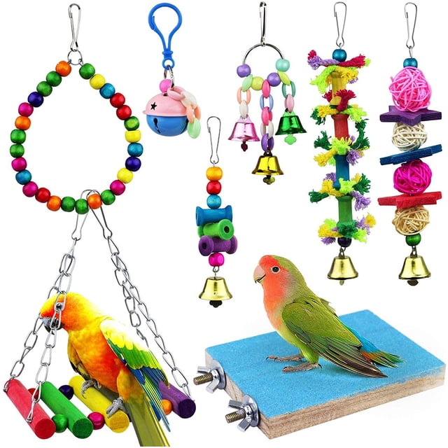 Juguetes para loros, columpio, mordedor, campana colgante, jaula hamaca, juguetes para periquitos pequeños, cacatúas, loros, pinzones, 8 piezas Adepaton MZQ-0099