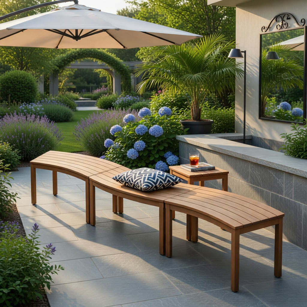 Hommoo Outdoor Acacia Wood Curved Bench Set of 3, Backless Patio Stools for Porch, Deck & Fire Pit Seating, Natural