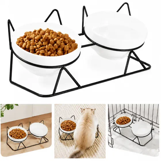 15° Tilted Elevated Ceramic Double Bowls, Anti Vomiting Raised Feeder for Pet Food and Water