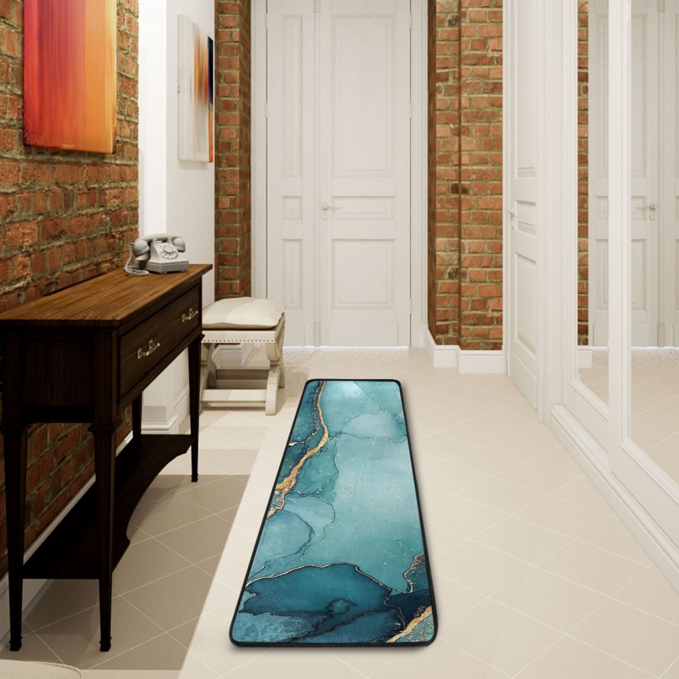 Teal Abstract Design Runner Rug for Hallways Kitchen Non Slip 2'x 6' Washable Hall Carpet for Bedroom Entryway Laundry Room