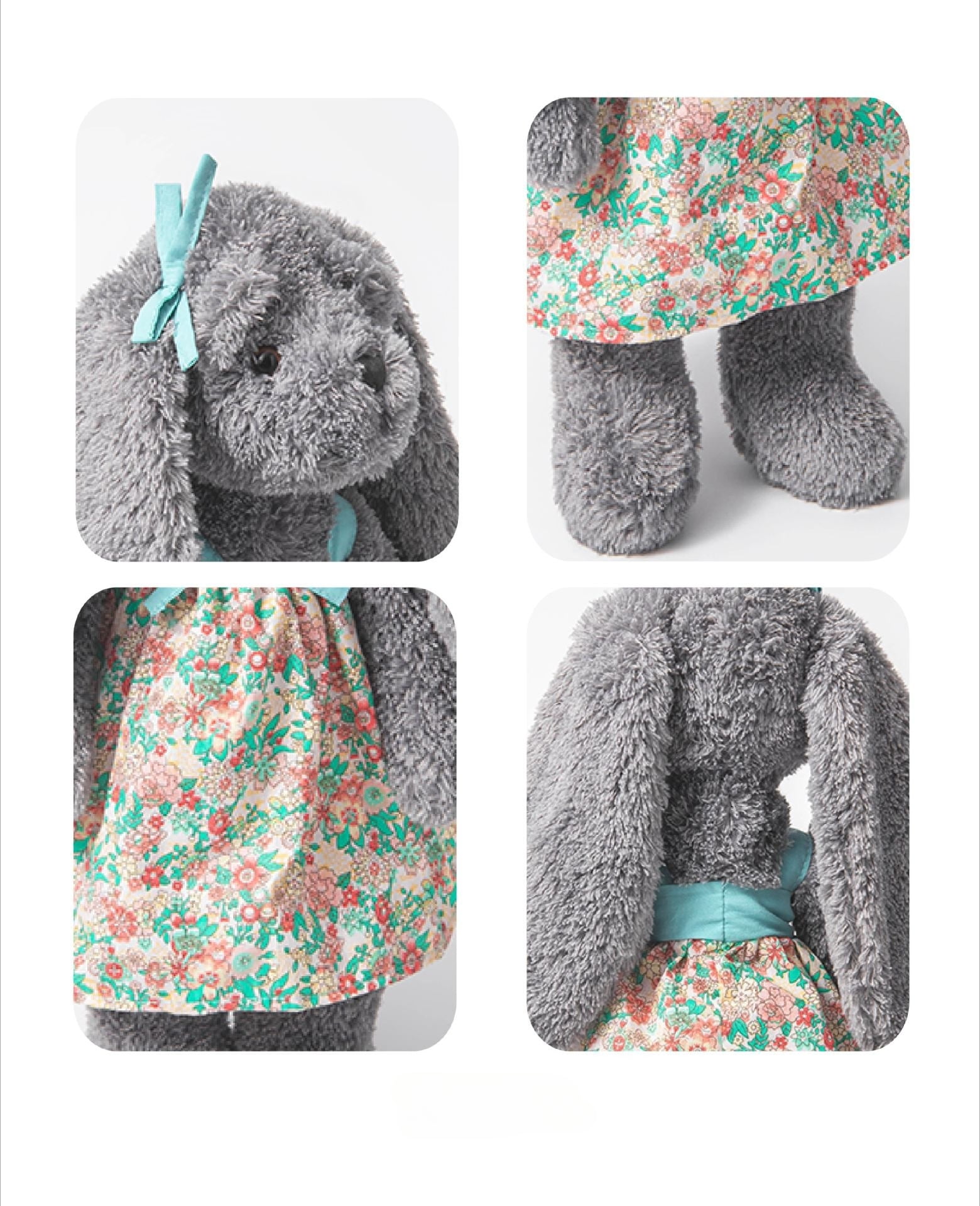 Gray Bunny Plush Doll with Floral Dress, Soft Stuffed Rabbit Toy, Cute Decorative Plush Figure for Home Display and Gift Giving