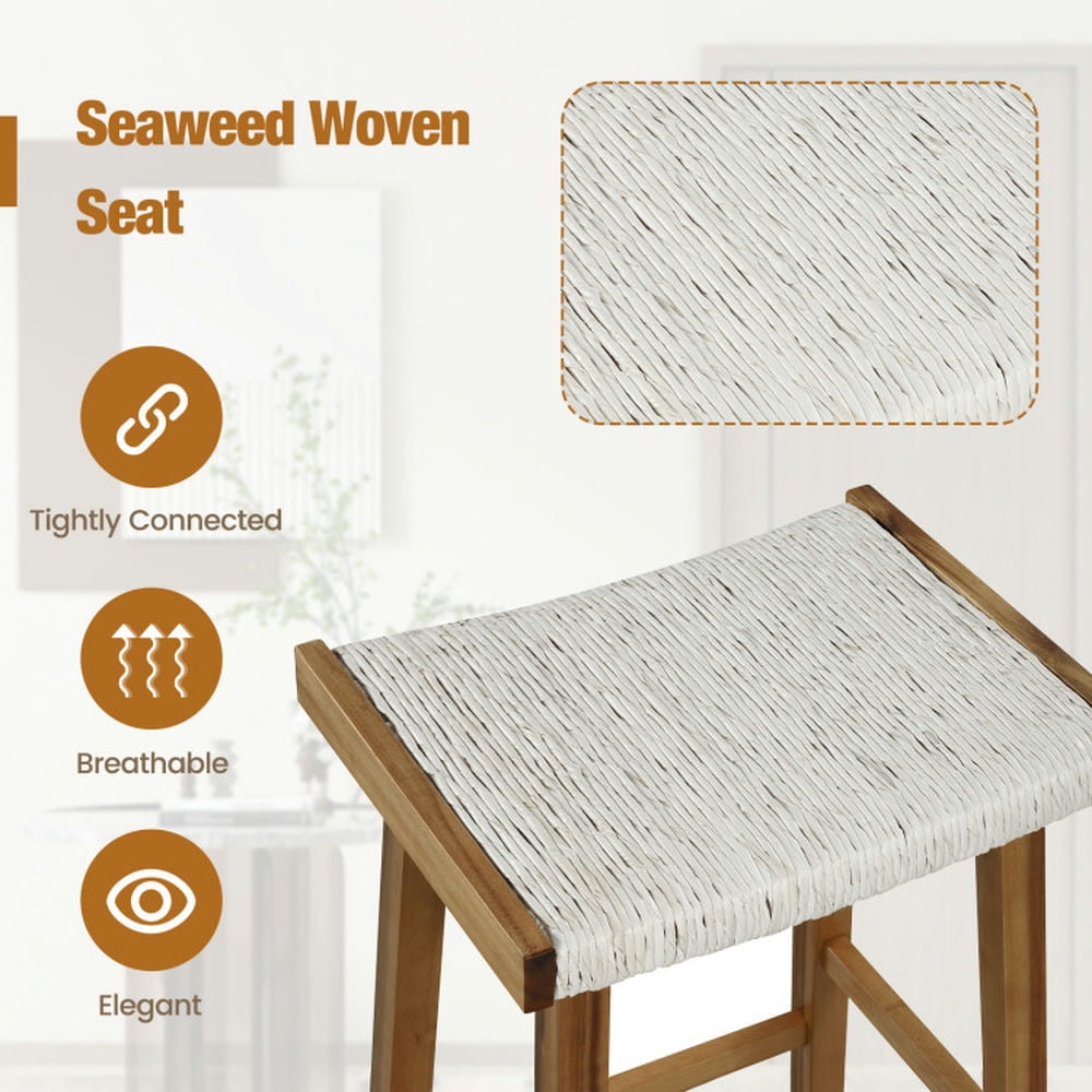 Demi Bonn 25.5" Set of 2 Bar Stool with Seaweed Woven Seat, Modern Kitchen Dining Chair, Beige